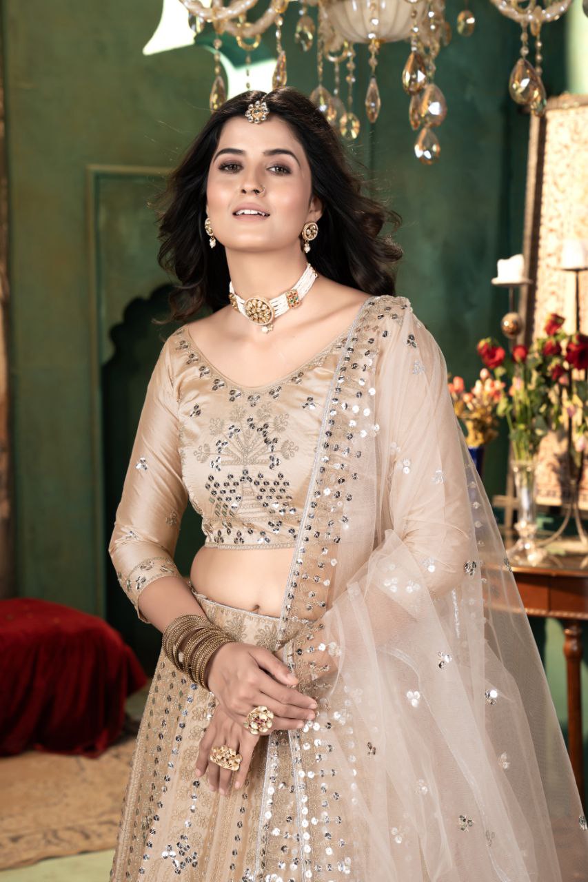 Brown Premium Malai Satin Embellished With Beautiful Embroidery Lehenga - INSPIRED | Ready To Wear - qivii