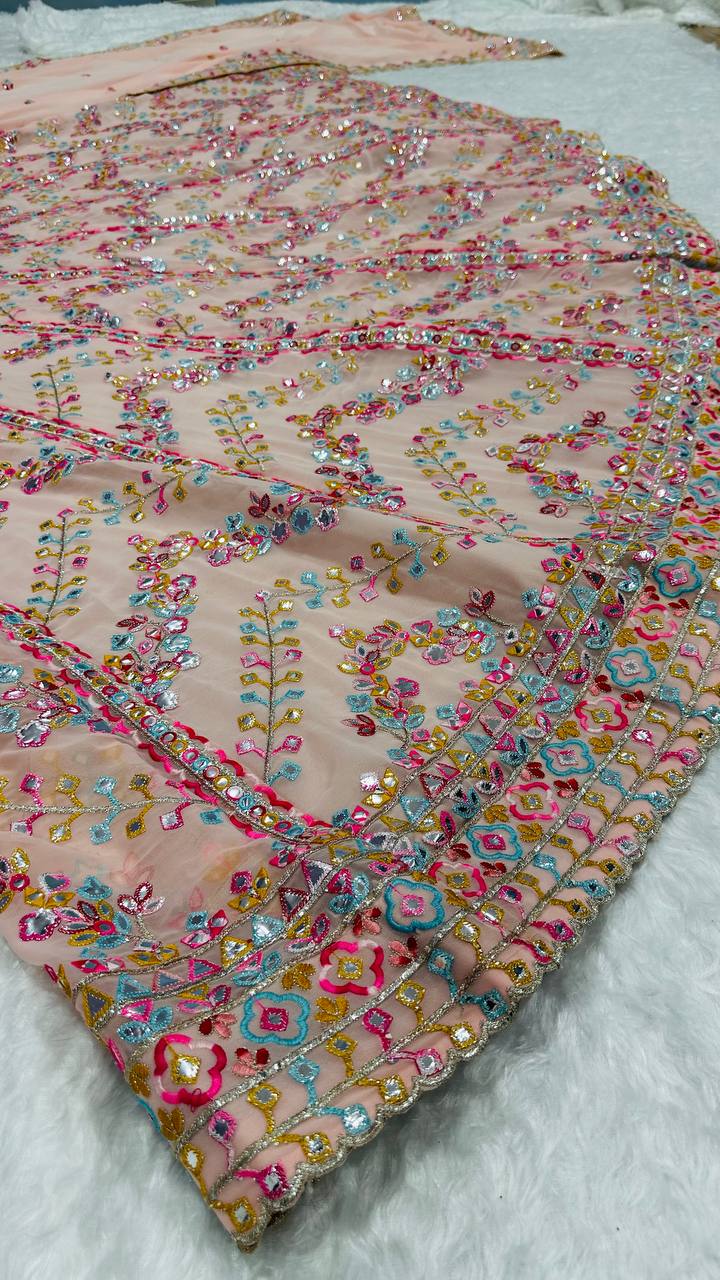 Peach Faux georgette lehenga with paper mirror - INSPIRED | Ready To Wear - qivii