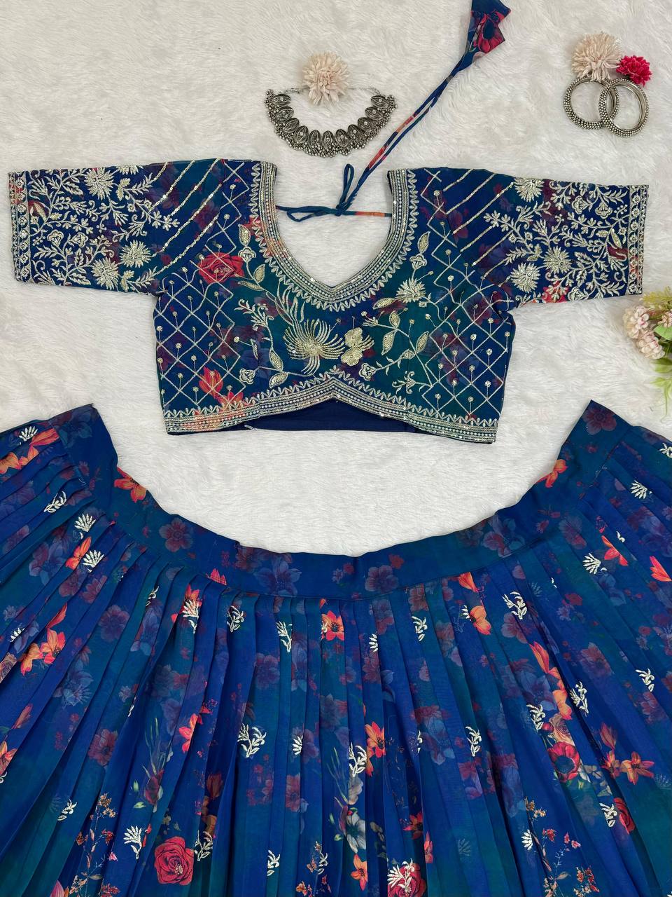 Navy Blue Foux Gorgette with Digital print thread with Sequnce Lehenga Choli - INSPIRED | Ready To Wear - qivii