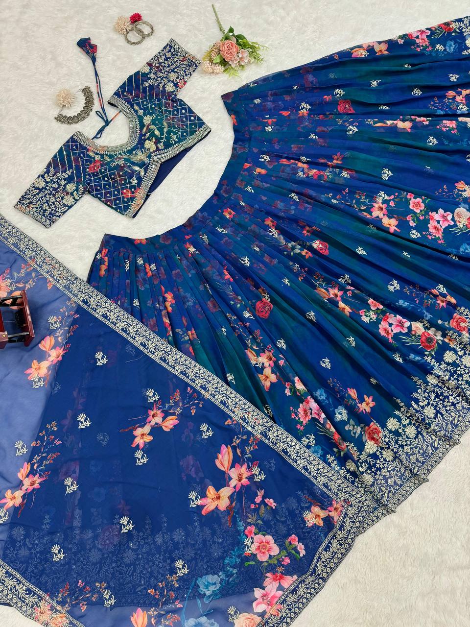 Navy Blue Foux Gorgette with Digital print thread with Sequnce Lehenga Choli - INSPIRED | Ready To Wear - qivii