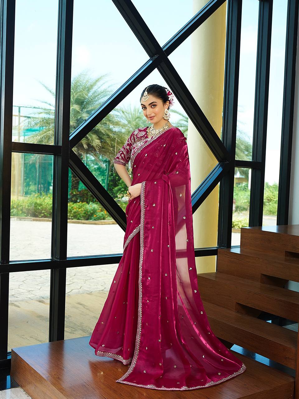 PINK SILK WITH SEQUENCE EMBROIDERY DESIGN WORK SAREE - INSPIRED - qivii