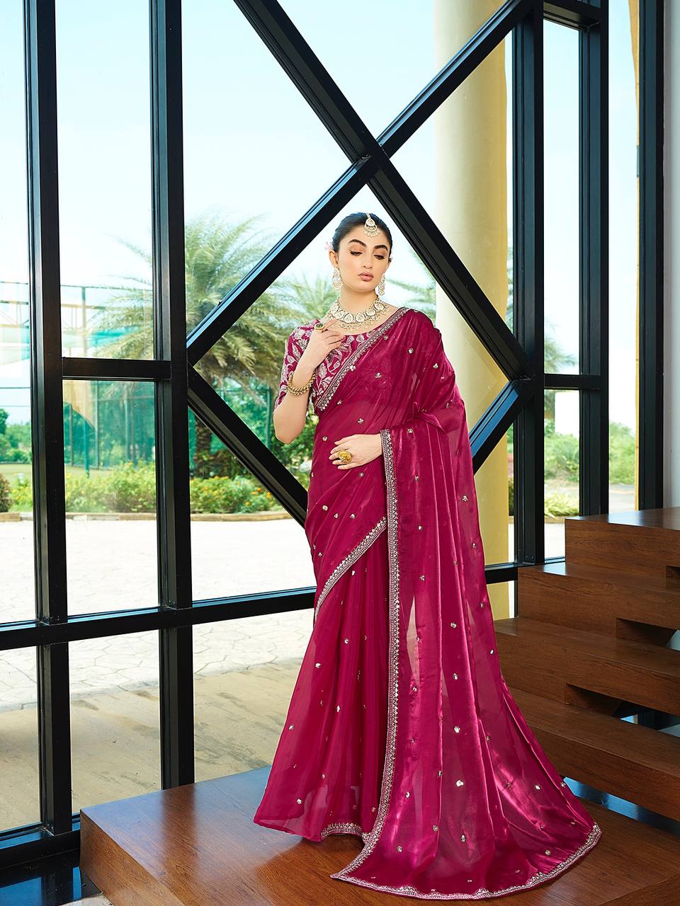 PINK SILK WITH SEQUENCE EMBROIDERY DESIGN WORK SAREE - INSPIRED - qivii