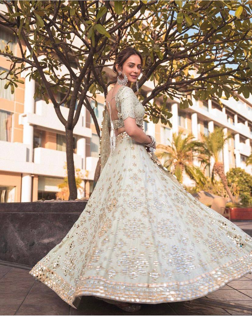 Mulberry silk lehnga with paper mirror work & zari work | Ready To Wear - qivii