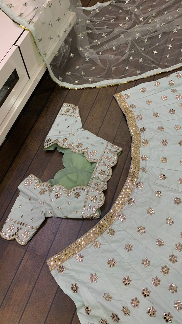 Mulberry silk lehnga with paper mirror work & zari work | Ready To Wear - qivii