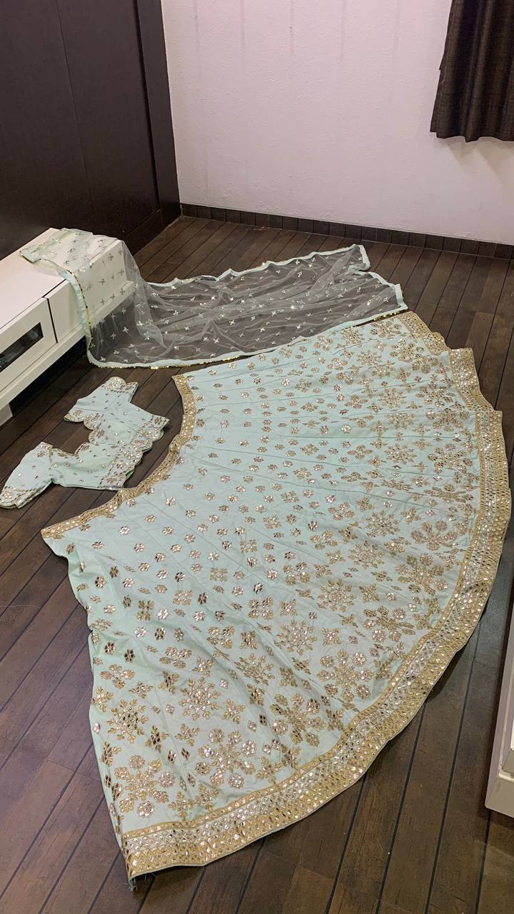 Mulberry silk lehnga with paper mirror work & zari work | Ready To Wear - qivii