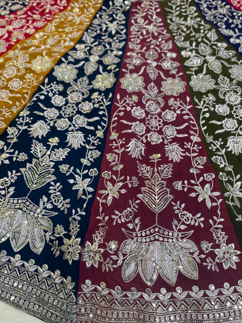 MULTI COLOR FAUX GEORGEET EMBROIDERY SEQUENCE DESIGN WORK LEHENGA - INSPIRED | Ready To Wear - qivii