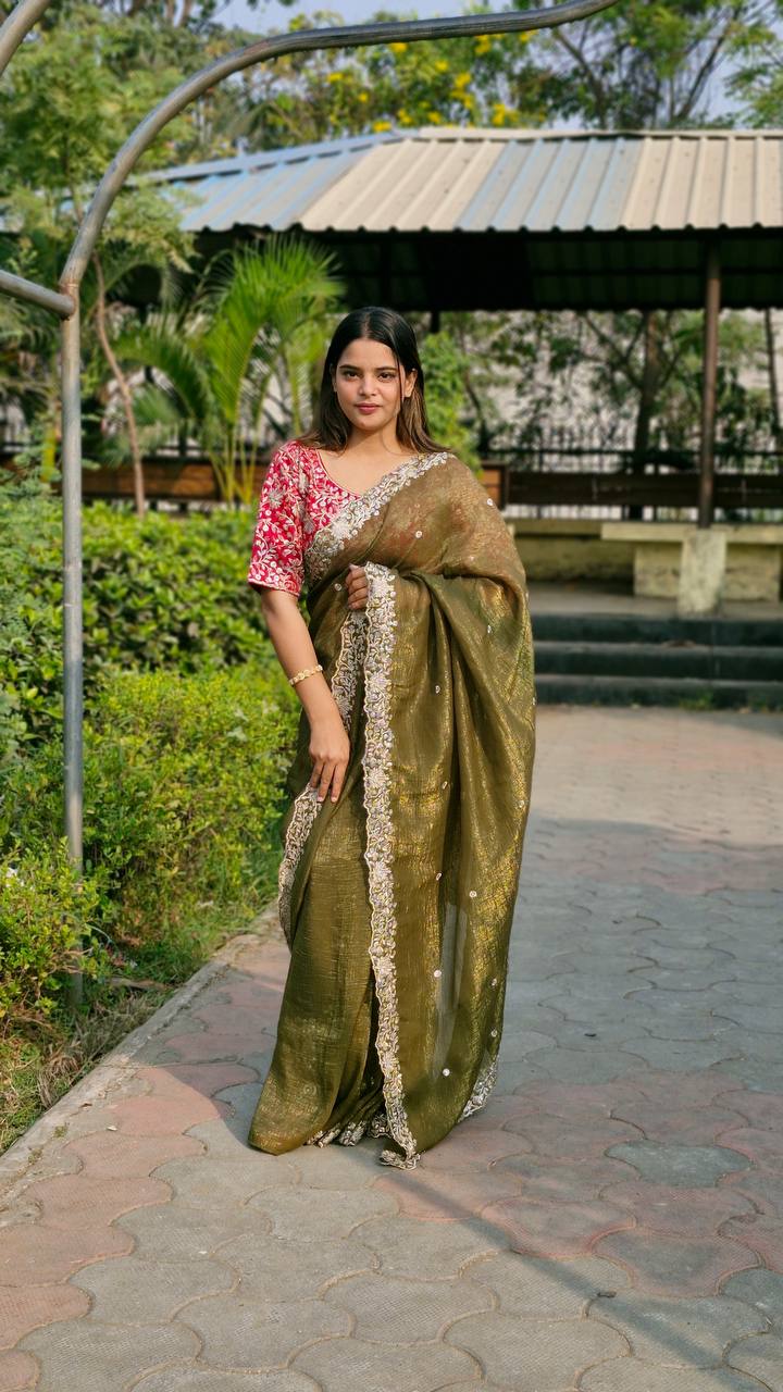 GREEN SEQUENCE EMBROIDERY DESIGN C’PALLU WORK SAREE - INSPIRED - qivii