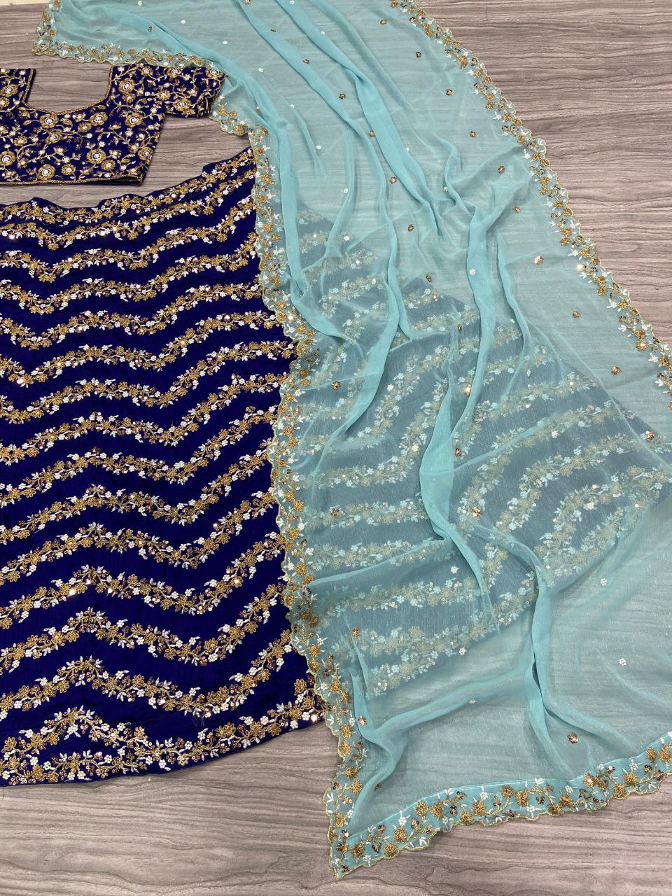 Navy blue Premium Chinon Silk Embellished With Beautiful Embroidery Work Lehenga - INSPIRED | Ready To Wear - qivii