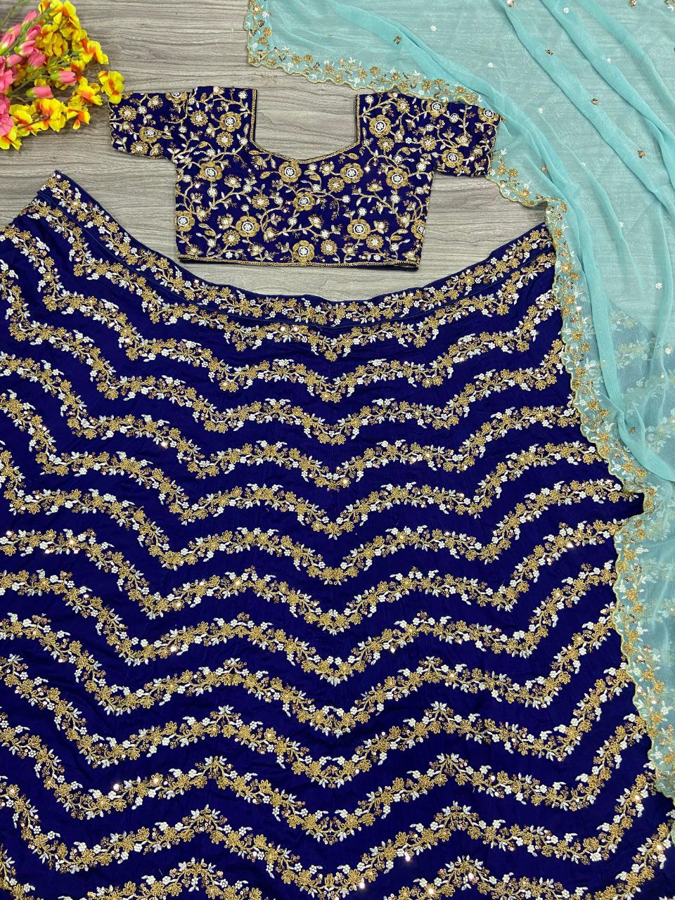 Navy blue Premium Chinon Silk Embellished With Beautiful Embroidery Work Lehenga - INSPIRED | Ready To Wear - qivii