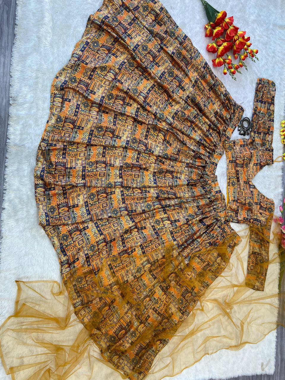 Brown Premium Chinon Silk With Beautiful Floral Print With Heavy Cancan Lehenga - INSPIRED | Ready To Wear - qivii