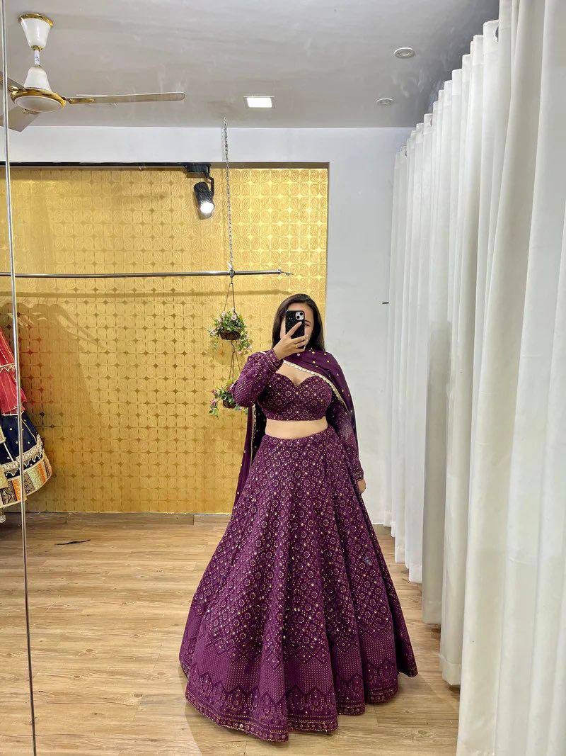 Wine Red Foux Gorgette thread with Sequnce Lehenga Choli - INSPIRED | Ready To Wear - qivii