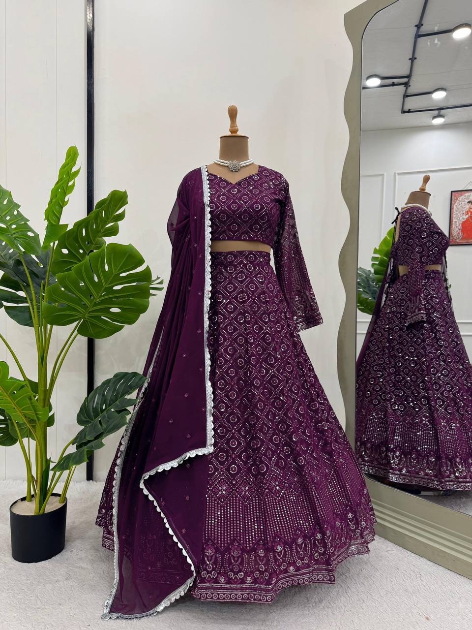 Wine Red Foux Gorgette thread with Sequnce Lehenga Choli - INSPIRED | Ready To Wear - qivii