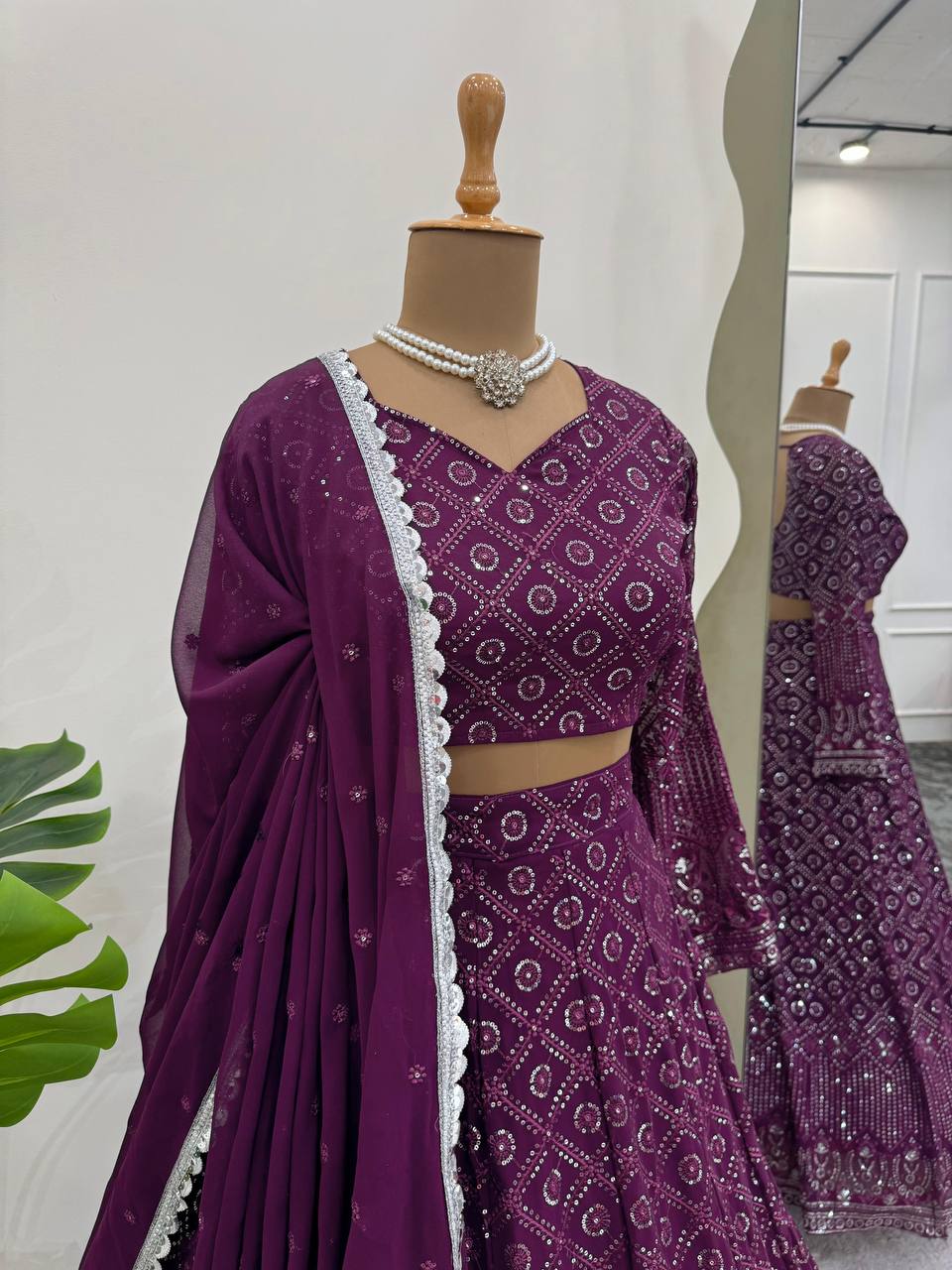 Wine Red Foux Gorgette thread with Sequnce Lehenga Choli - INSPIRED | Ready To Wear - qivii