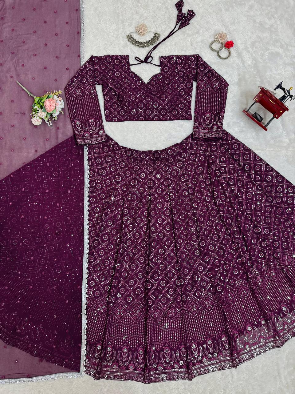 Wine Red Foux Gorgette thread with Sequnce Lehenga Choli - INSPIRED | Ready To Wear - qivii