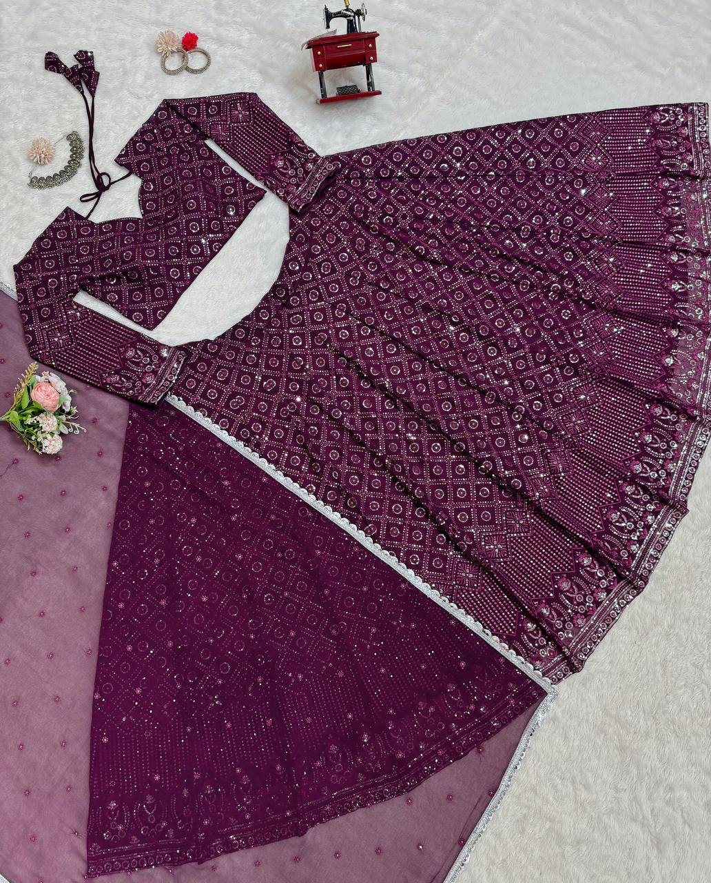 Wine Red Foux Gorgette thread with Sequnce Lehenga Choli - INSPIRED | Ready To Wear - qivii