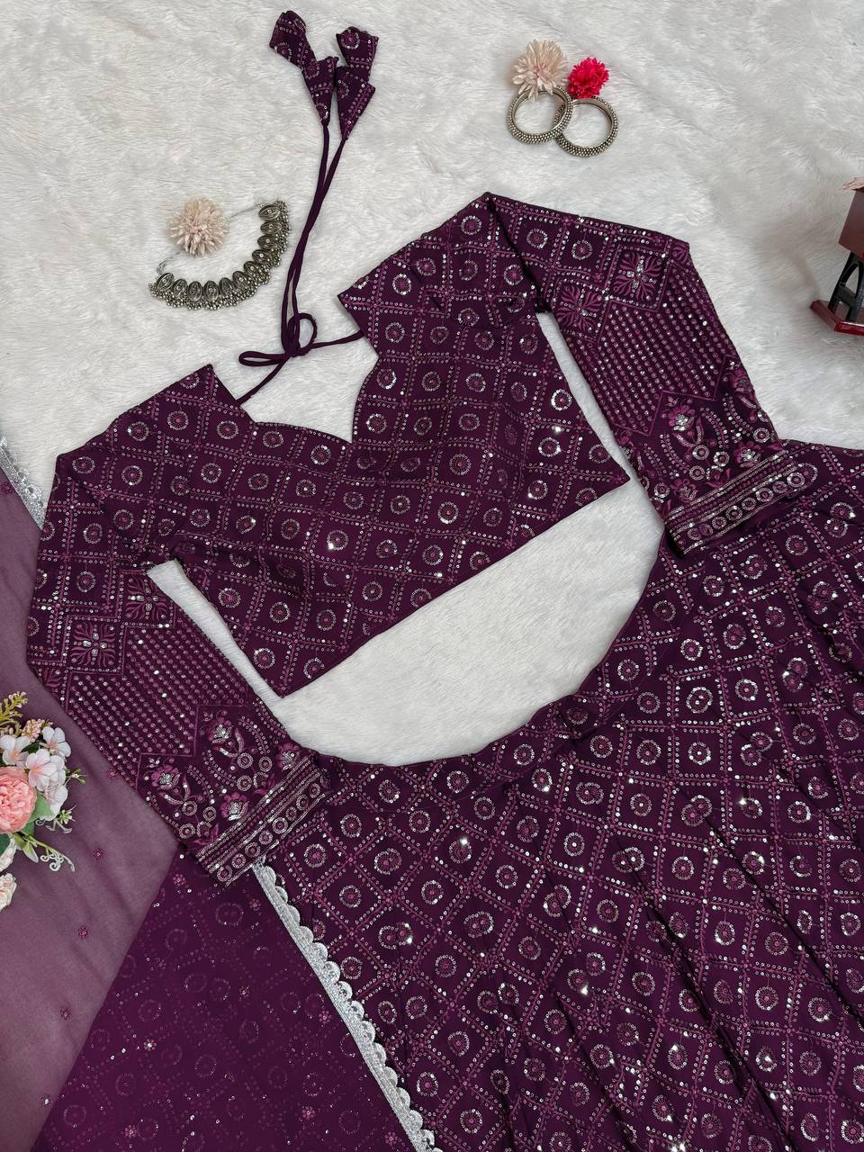 Wine Red Foux Gorgette thread with Sequnce Lehenga Choli - INSPIRED | Ready To Wear - qivii