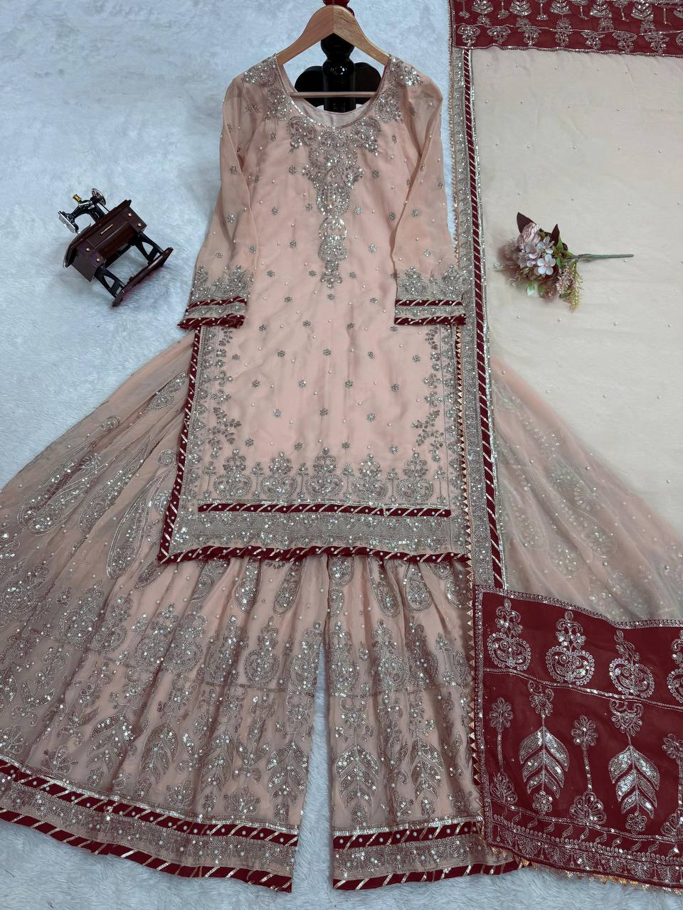 Pink Foux Gorgette Micro Thread with Sequnce with Rivet moti with fancy lace broder Sharara Suit - INSPIRED | Ready To Wear - qivii