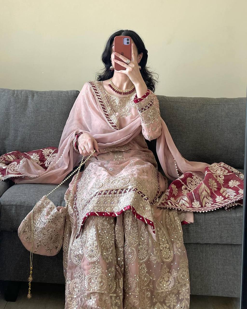 Pink Foux Gorgette Micro Thread with Sequnce with Rivet moti with fancy lace broder Sharara Suit - INSPIRED | Ready To Wear - qivii