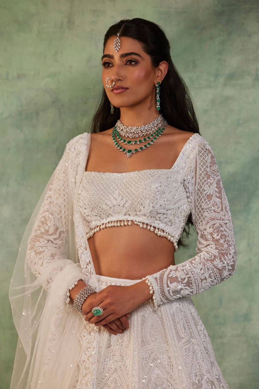 White Premium Soft Butterfly Net Embellished With Beautiful Thread Embroidery Work Lehenga - INSPIRED | Ready To Wear - qivii