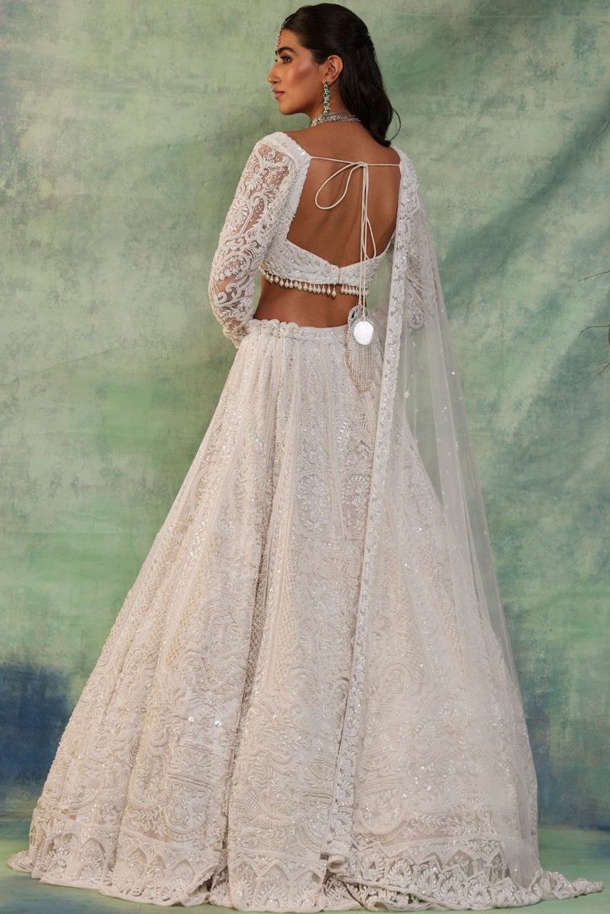 White Premium Soft Butterfly Net Embellished With Beautiful Thread Embroidery Work Lehenga - INSPIRED | Ready To Wear - qivii