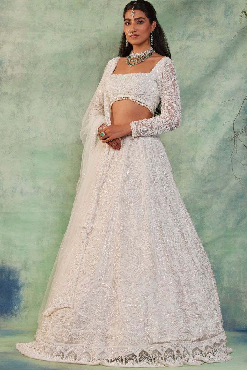 White Premium Soft Butterfly Net Embellished With Beautiful Thread Embroidery Work Lehenga - INSPIRED | Ready To Wear - qivii