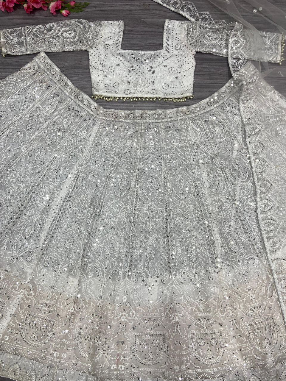 White Premium Soft Butterfly Net Embellished With Beautiful Thread Embroidery Work Lehenga - INSPIRED | Ready To Wear - qivii