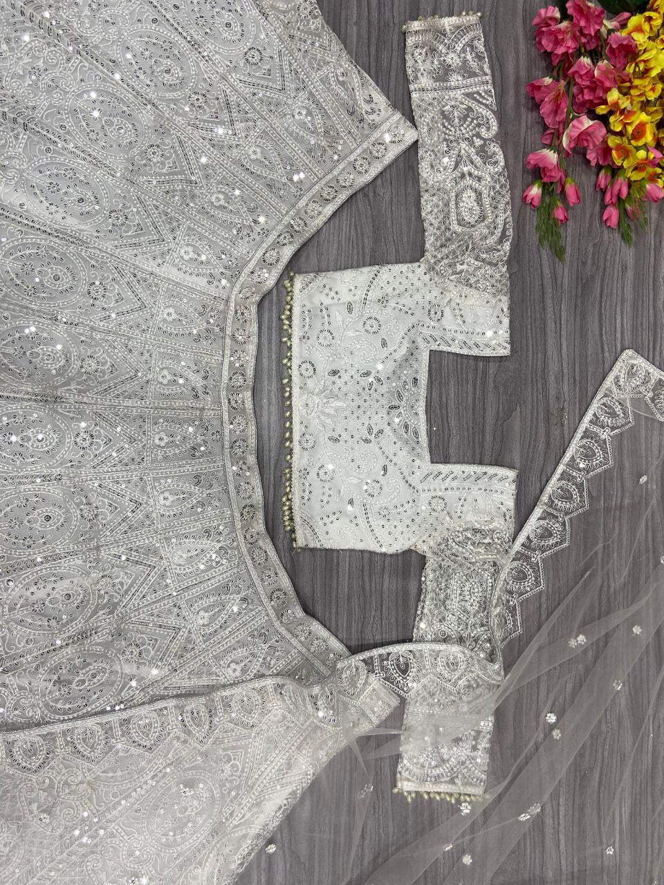 White Premium Soft Butterfly Net Embellished With Beautiful Thread Embroidery Work Lehenga - INSPIRED | Ready To Wear - qivii