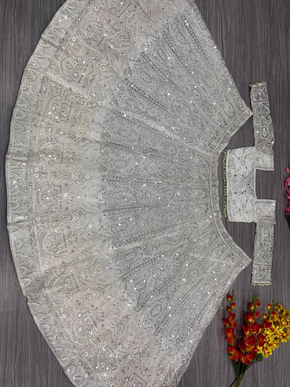 White Premium Soft Butterfly Net Embellished With Beautiful Thread Embroidery Work Lehenga - INSPIRED | Ready To Wear - qivii