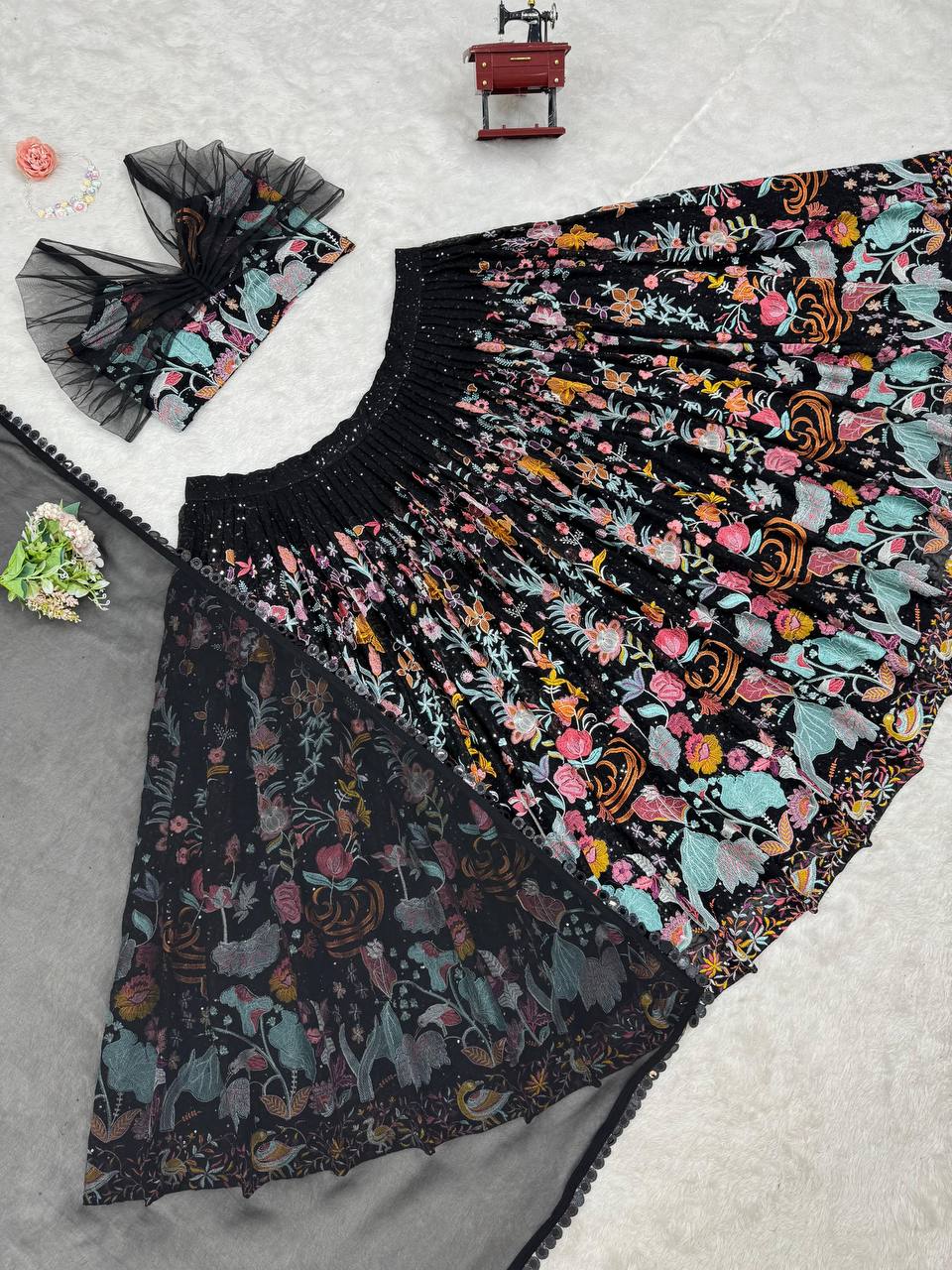 Black Foux Gorgette thread with Sequnce Lehenga Choli - INSPIRED | Ready To Wear - qivii