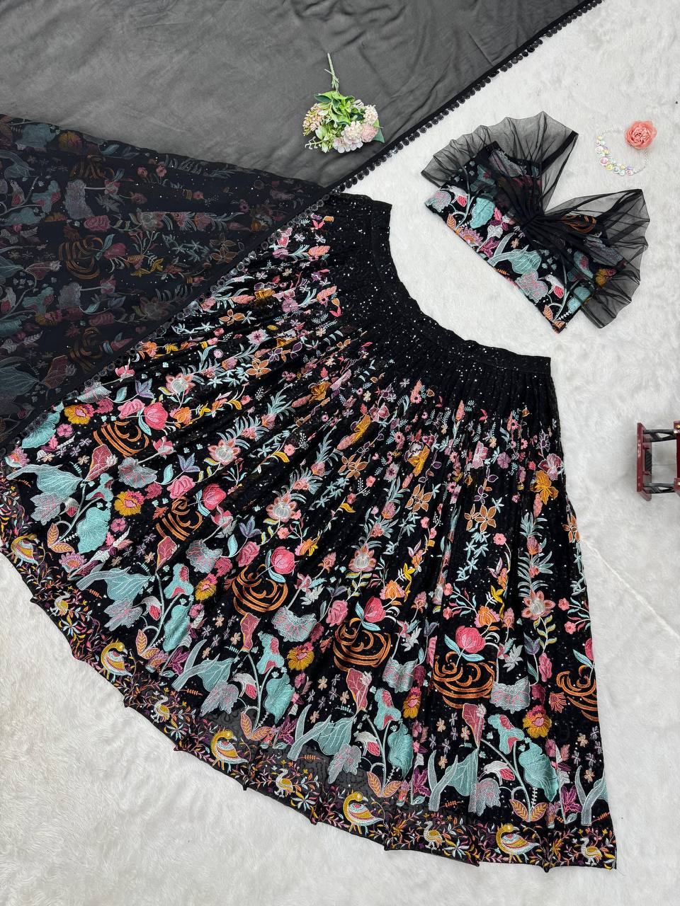 Black Foux Gorgette thread with Sequnce Lehenga Choli - INSPIRED | Ready To Wear - qivii