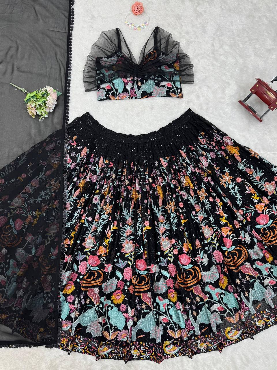 Black Foux Gorgette thread with Sequnce Lehenga Choli - INSPIRED | Ready To Wear - qivii