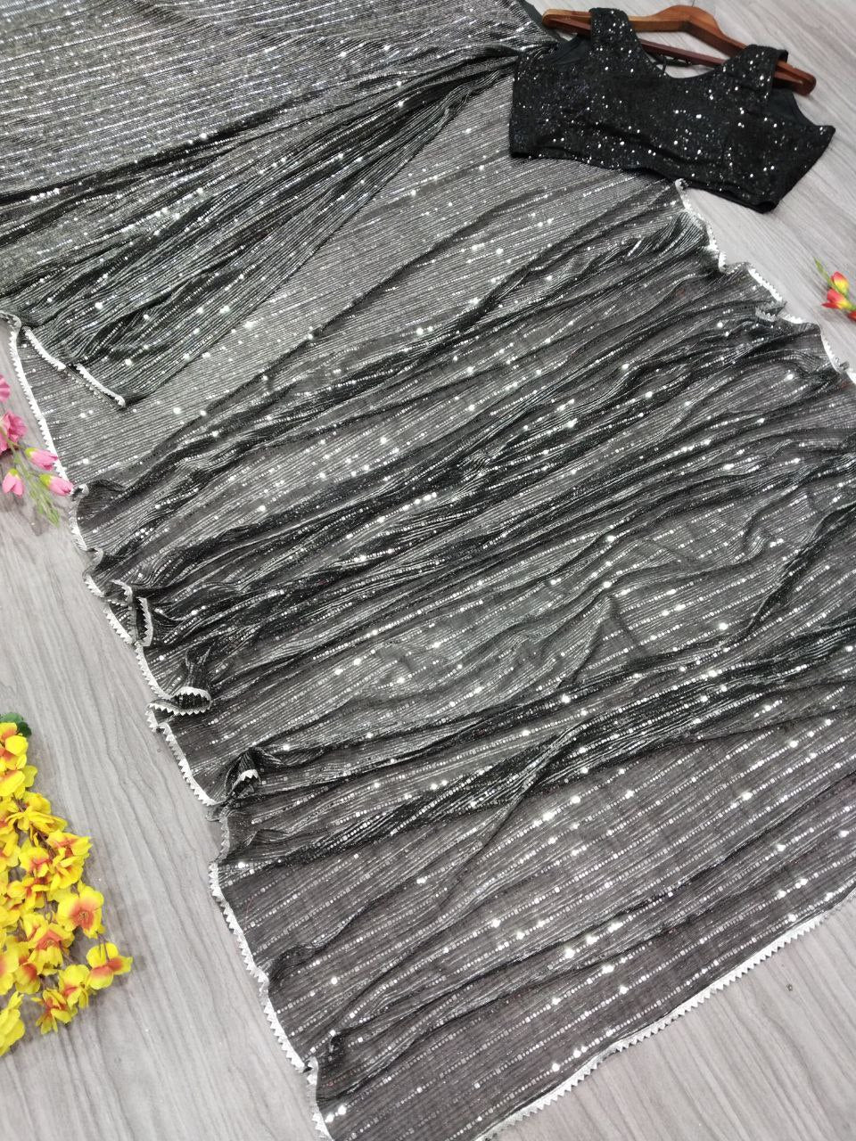 Black Premium Net Embellished With Beautiful Heavy Tikli Work Saree - INSPIRED - qivii