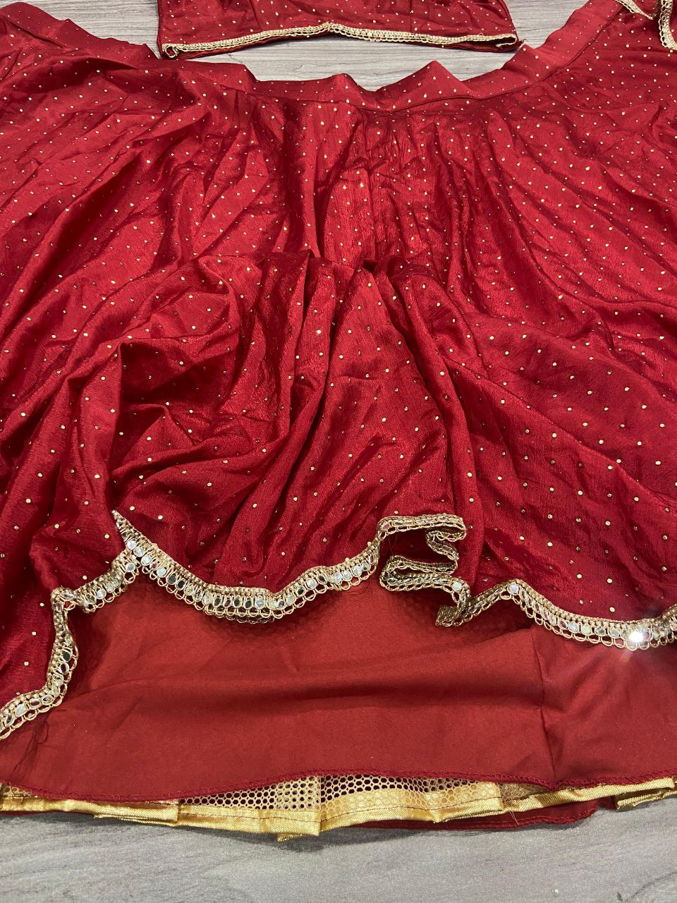 Red Premiums Heavy Chinon Silk Embellished With Beautiful Mukesh Work With Beautiful Heavy Lace Work Lehenga - INSPIRED | Ready To Wear - qivii