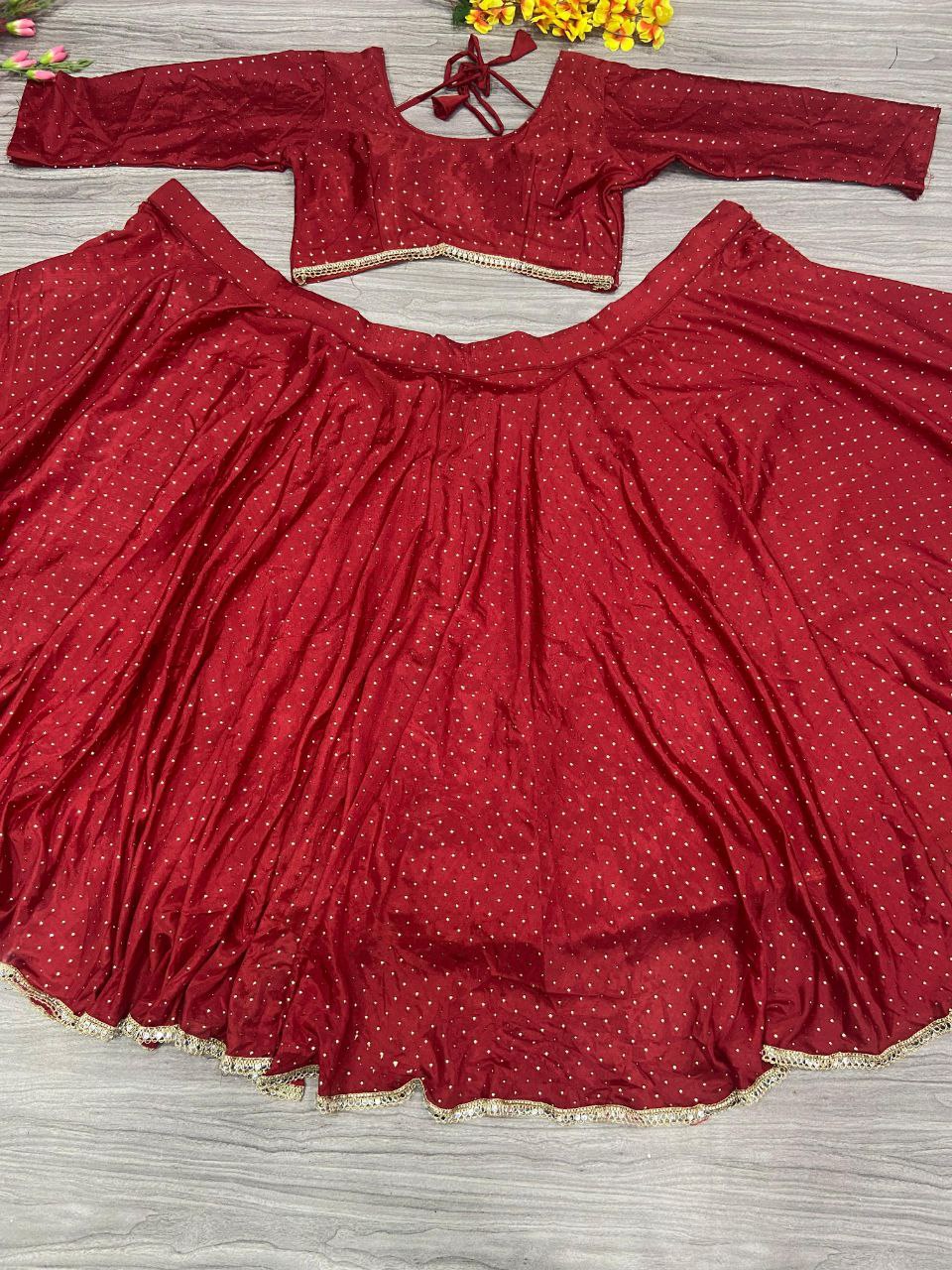 Red Premiums Heavy Chinon Silk Embellished With Beautiful Mukesh Work With Beautiful Heavy Lace Work Lehenga - INSPIRED | Ready To Wear - qivii