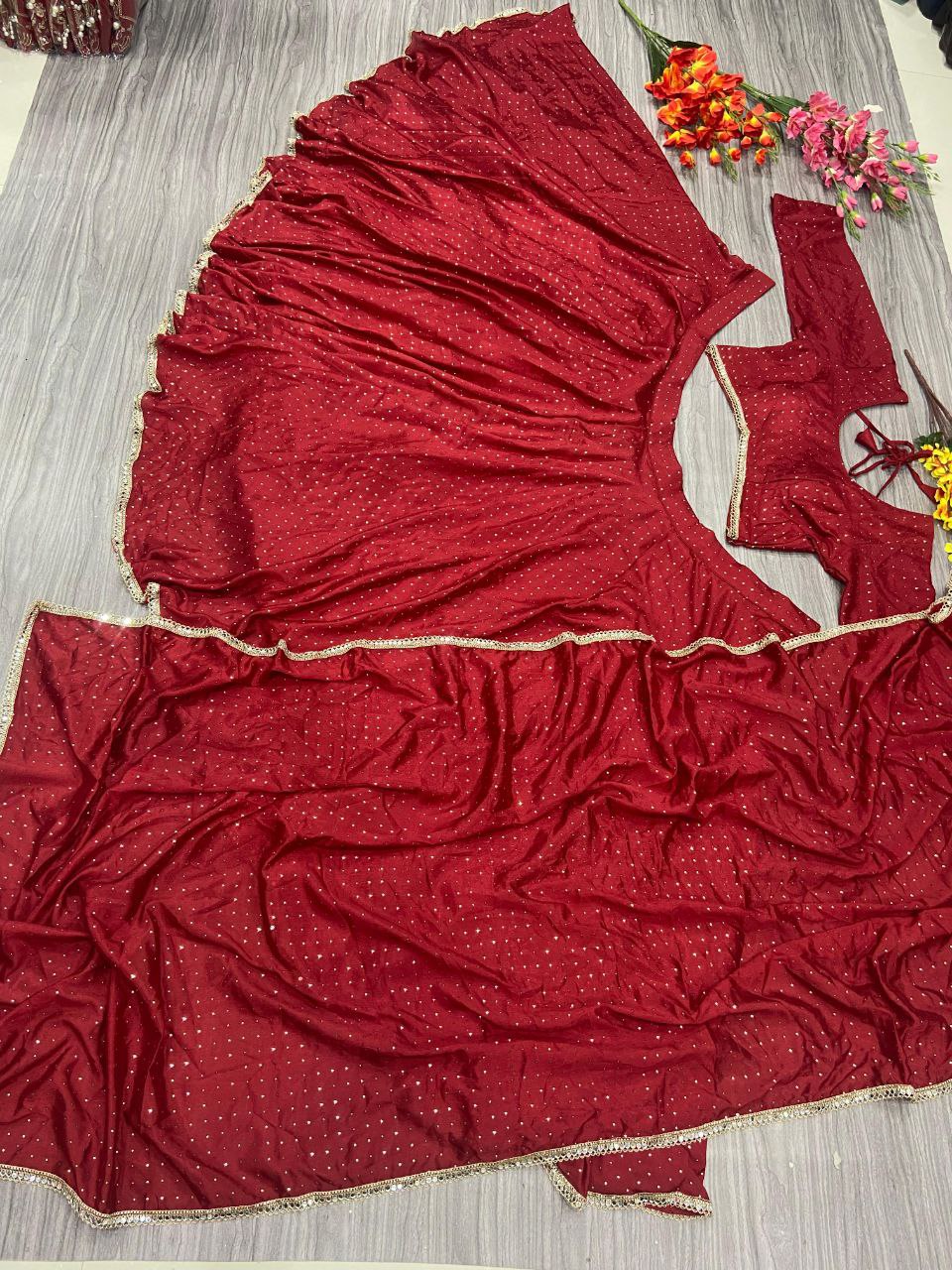 Red Premiums Heavy Chinon Silk Embellished With Beautiful Mukesh Work With Beautiful Heavy Lace Work Lehenga - INSPIRED | Ready To Wear - qivii