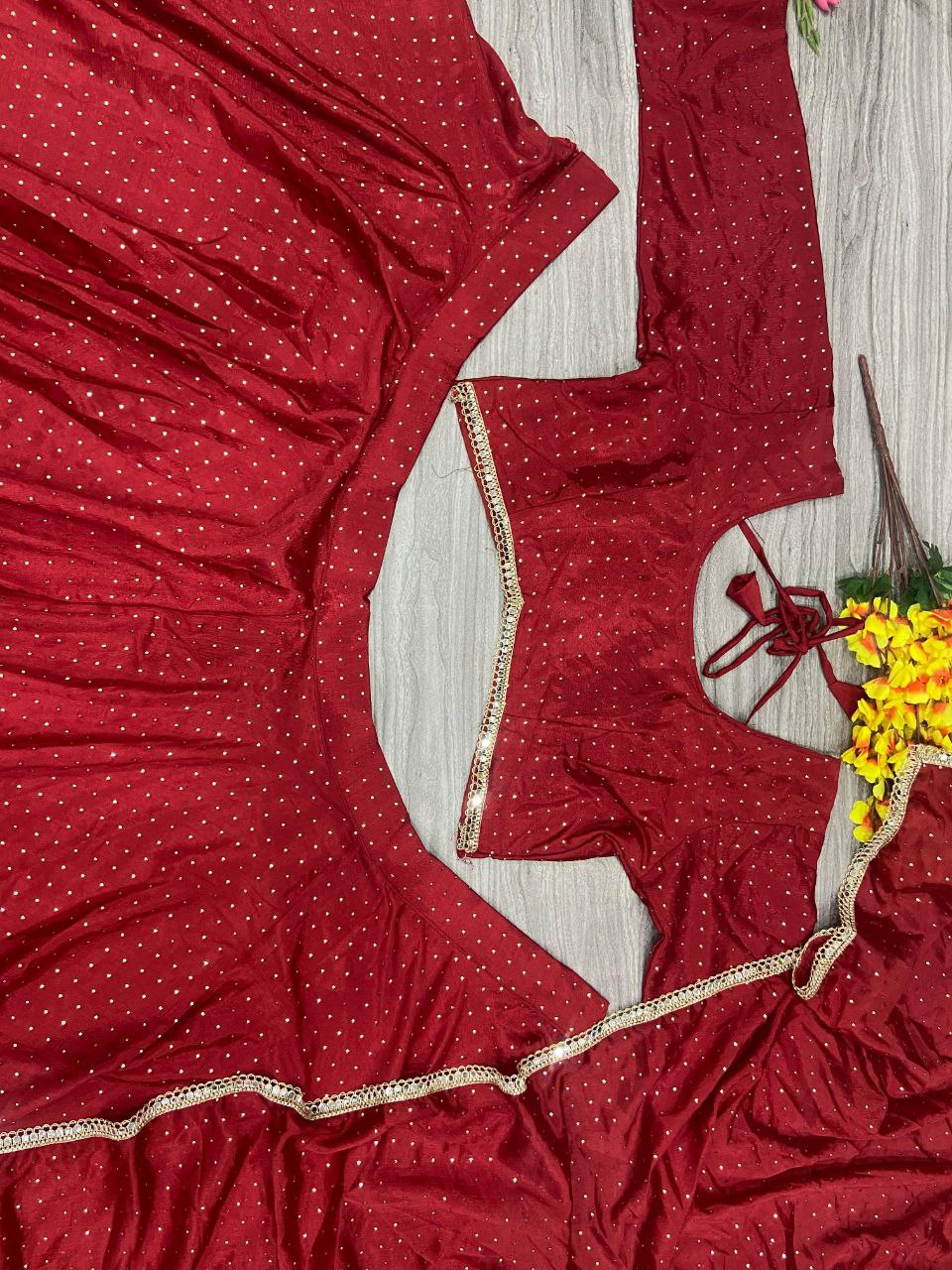 Red Premiums Heavy Chinon Silk Embellished With Beautiful Mukesh Work With Beautiful Heavy Lace Work Lehenga - INSPIRED | Ready To Wear - qivii