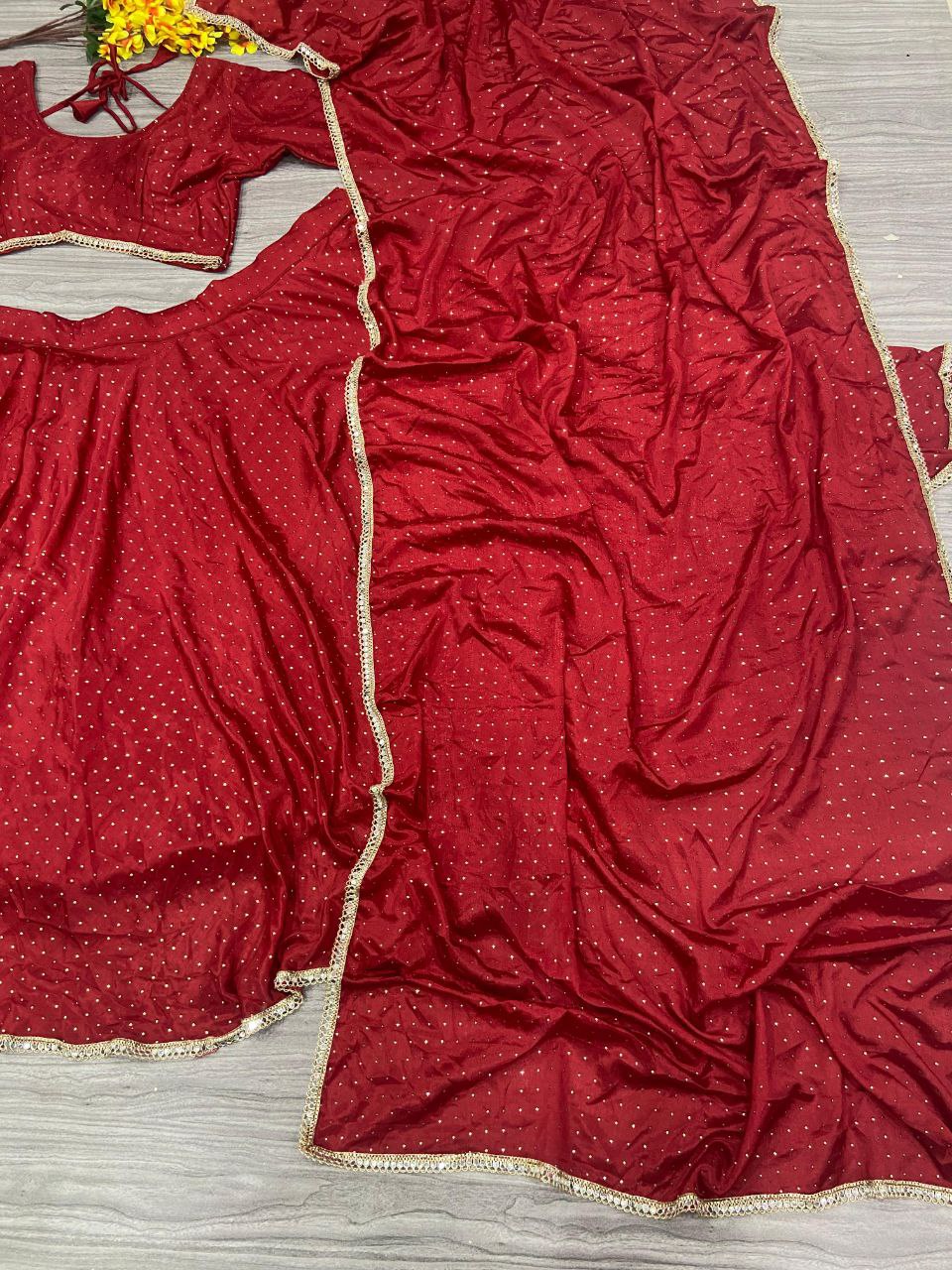 Red Premiums Heavy Chinon Silk Embellished With Beautiful Mukesh Work With Beautiful Heavy Lace Work Lehenga - INSPIRED | Ready To Wear - qivii