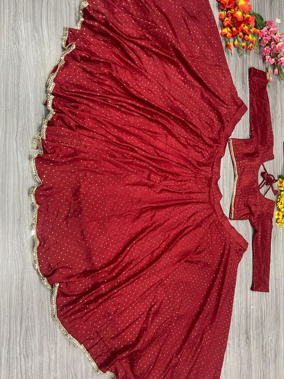 Red Premiums Heavy Chinon Silk Embellished With Beautiful Mukesh Work With Beautiful Heavy Lace Work Lehenga - INSPIRED | Ready To Wear - qivii