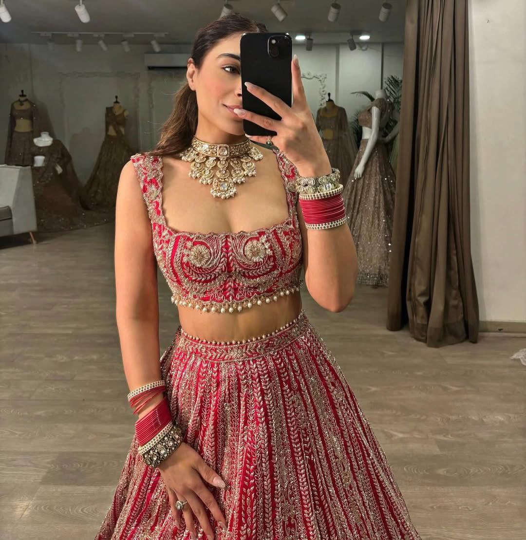Red Premium Silk Embellished With Beautiful Thread Embroidery Work - inspired | Ready To Wear - qivii
