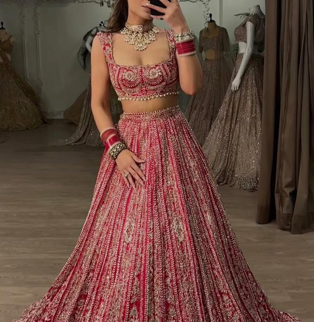 Red Premium Silk Embellished With Beautiful Thread Embroidery Work - inspired | Ready To Wear - qivii