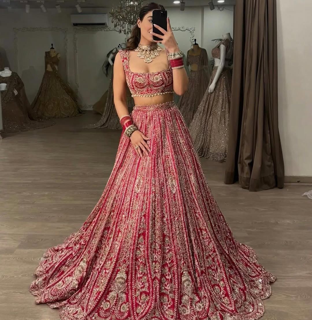 Red Premium Silk Embellished With Beautiful Thread Embroidery Work - inspired | Ready To Wear - qivii