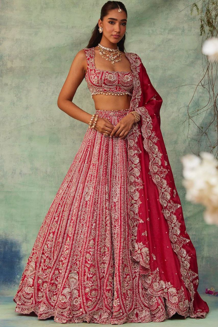 Red Premium Silk Embellished With Beautiful Thread Embroidery Work - inspired | Ready To Wear - qivii