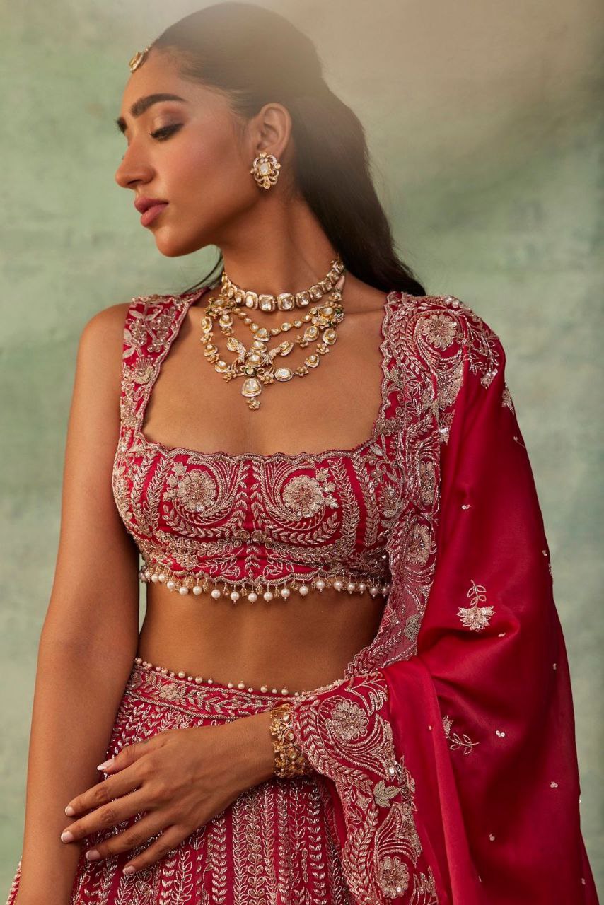 Red Premium Silk Embellished With Beautiful Thread Embroidery Work - inspired | Ready To Wear - qivii