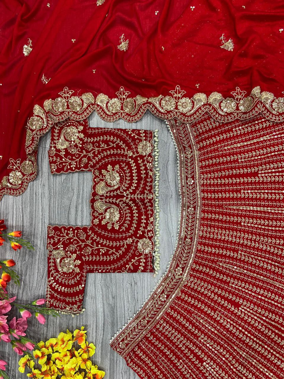 Red Premium Silk Embellished With Beautiful Thread Embroidery Work - inspired | Ready To Wear - qivii