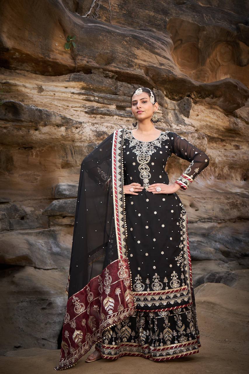 Black Foux Gorgette Micro Thread with Sequnce with Rivet moti with fancy lace broder Sharara Suit - INSPIRED - qivii