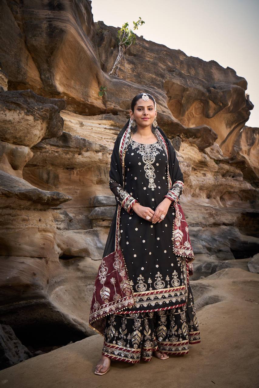 Black Foux Gorgette Micro Thread with Sequnce with Rivet moti with fancy lace broder Sharara Suit - INSPIRED - qivii