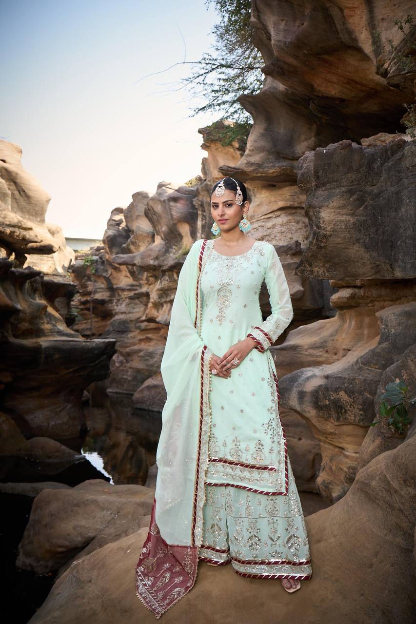 Mint Green Foux Gorgette Micro Thread with Sequnce with Rivet moti with fancy lace broder Sharara Suit - INSPIRED - qivii