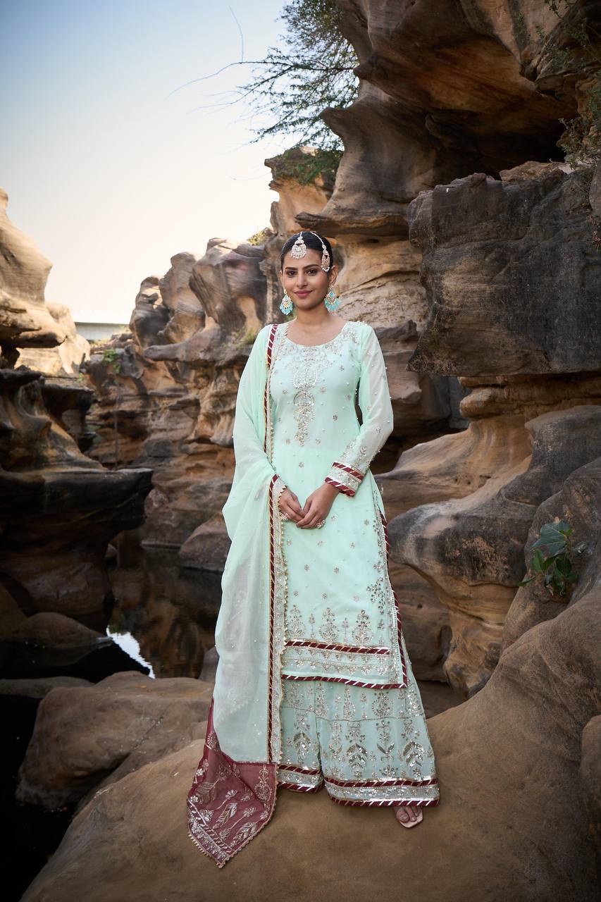 Mint Green Foux Gorgette Micro Thread with Sequnce with Rivet moti with fancy lace broder Sharara Suit - INSPIRED - qivii