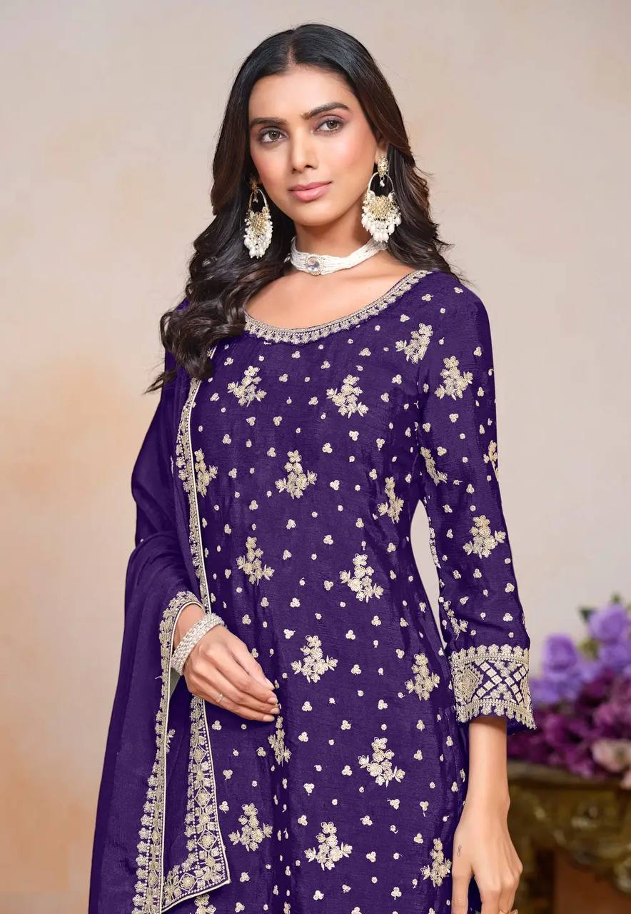 PURPLE CHINON WITH EMBROIDERY SEQUENCE DESIGN WORK PALAZZO SUIT - INSPIRED - qivii