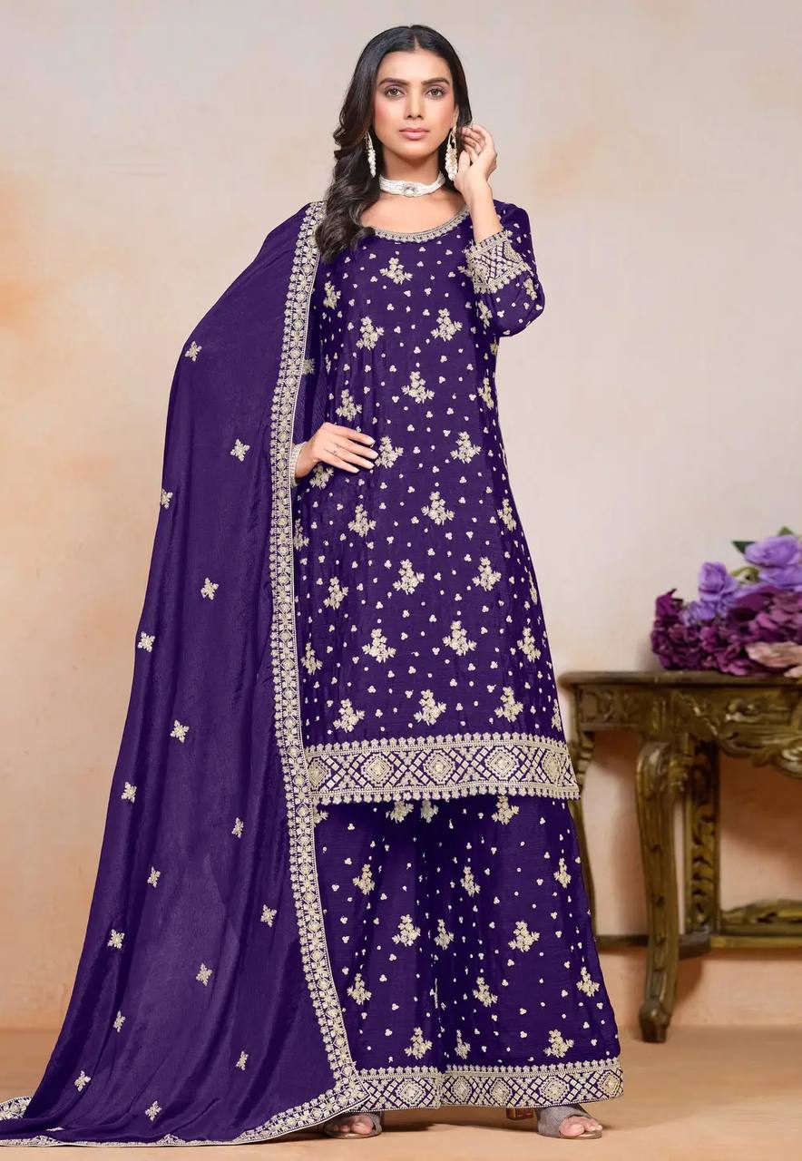 PURPLE CHINON WITH EMBROIDERY SEQUENCE DESIGN WORK PALAZZO SUIT - INSPIRED - qivii